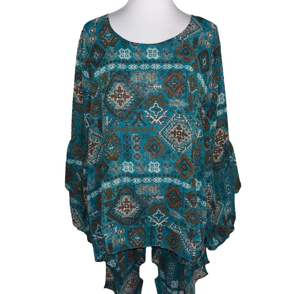 Cato Teal Brown Patterned Tunic High Low